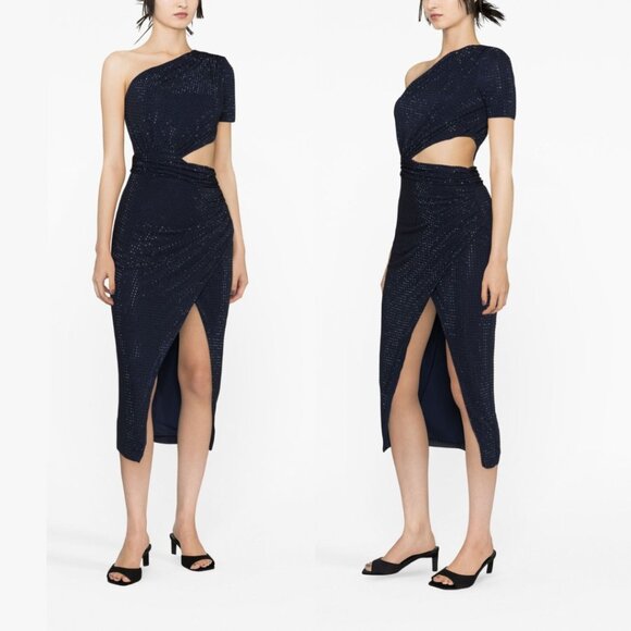 NWT Self-Portrait Cut-out Midi Dress In Navy Allover Rhinestone Front Slit Sz 12 - Picture 1 of 11